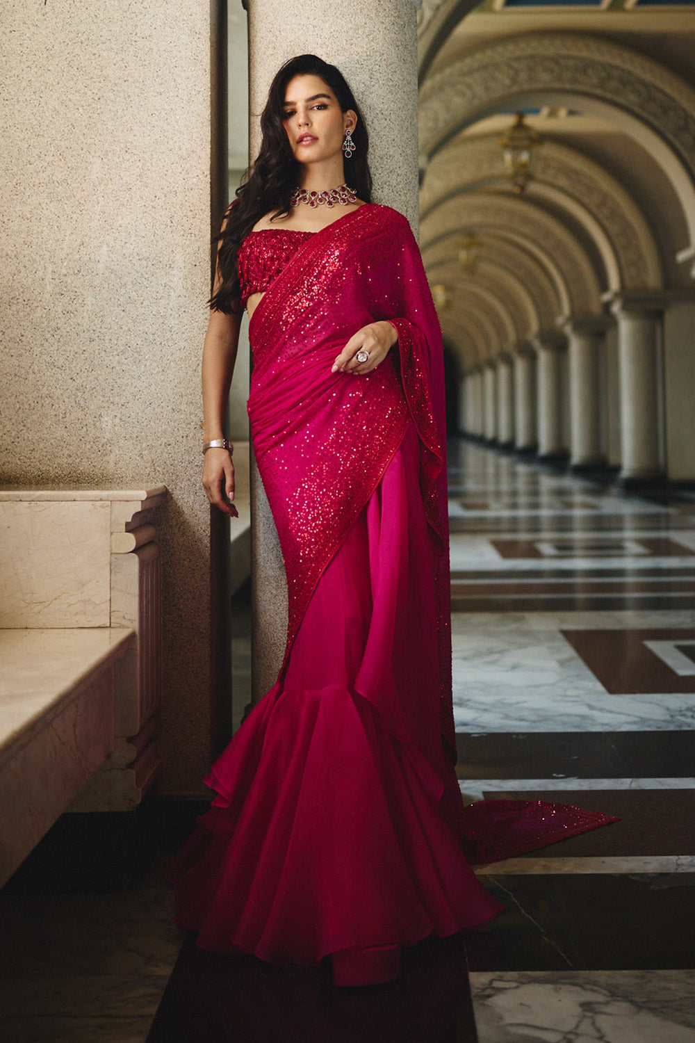 Red On Red Cutdana Sequence Ruffle Saree Set
