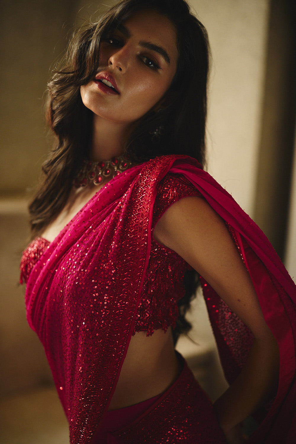 Red On Red Cutdana Sequence Ruffle Saree Set