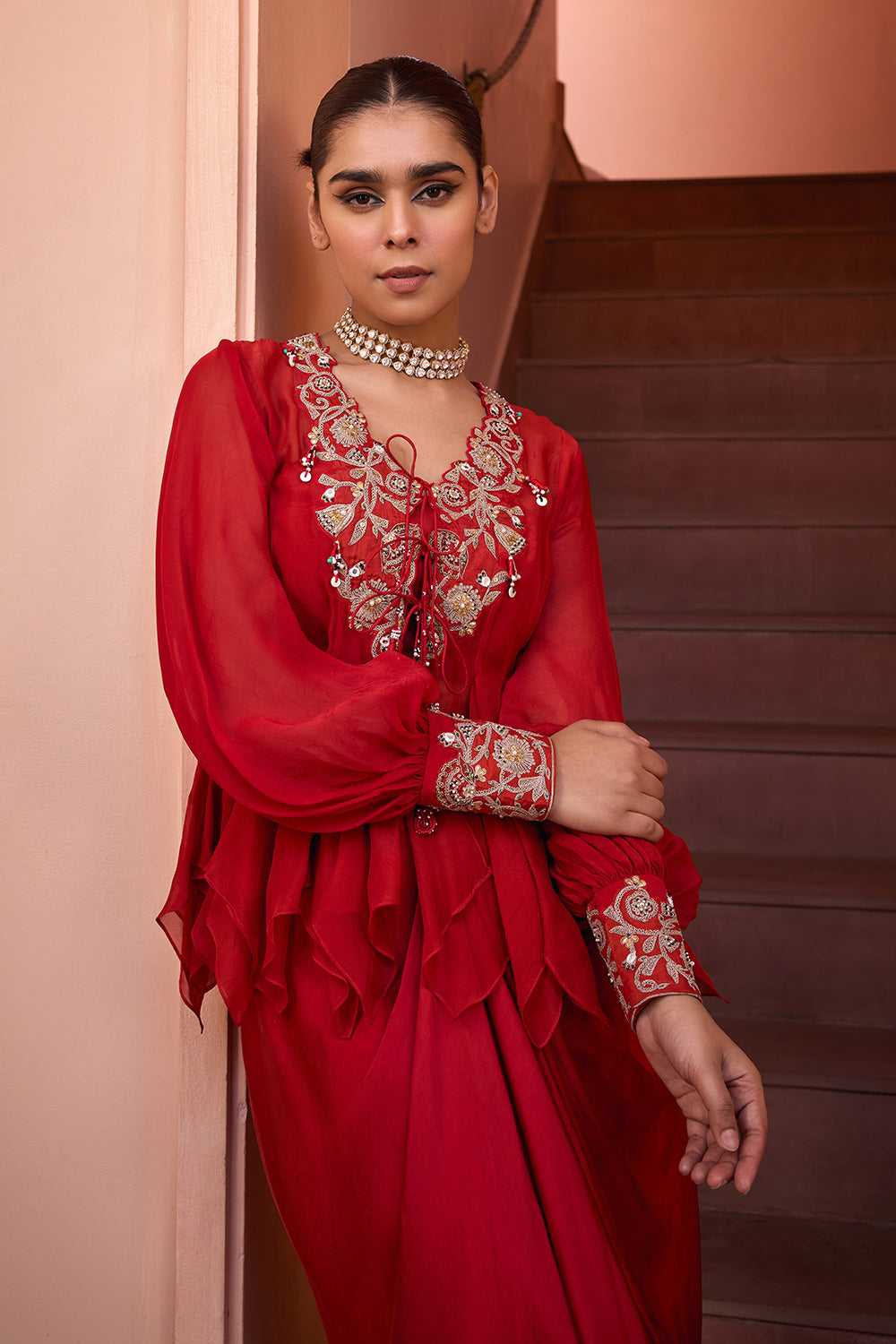 Red organza embroidered top with bustier