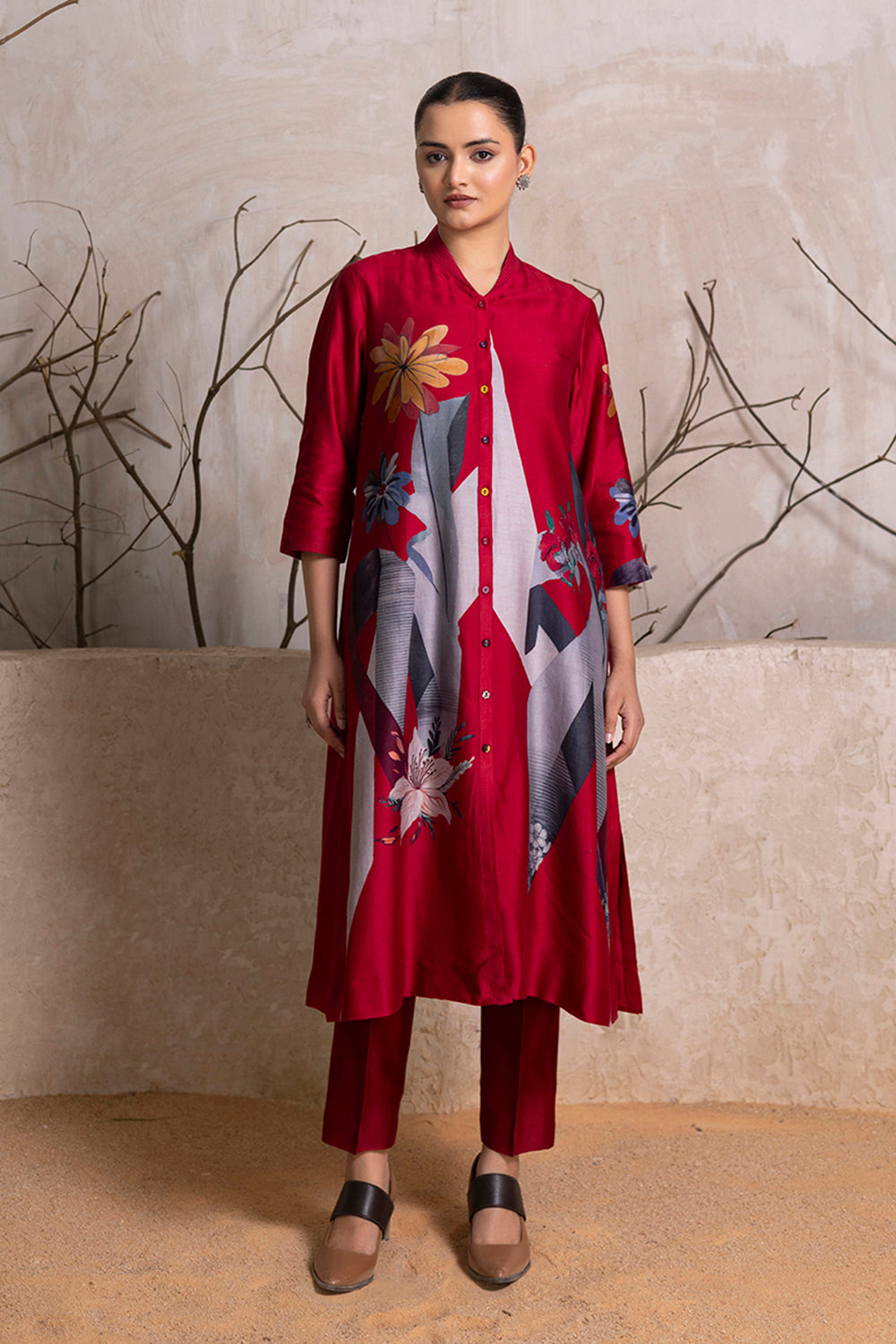 Red Silk Chanderi Printed Front Open Dress