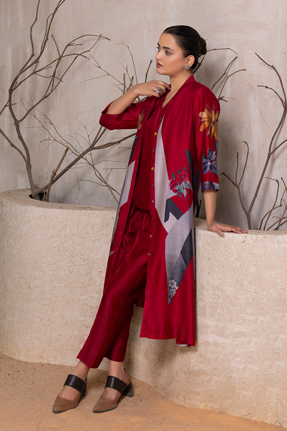 Red Silk Chanderi Printed Front Open Dress