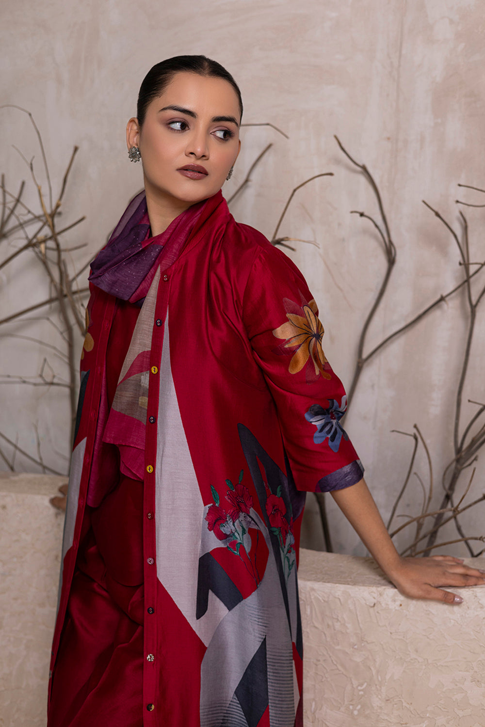 Red Silk Chanderi Printed Front Open Dress