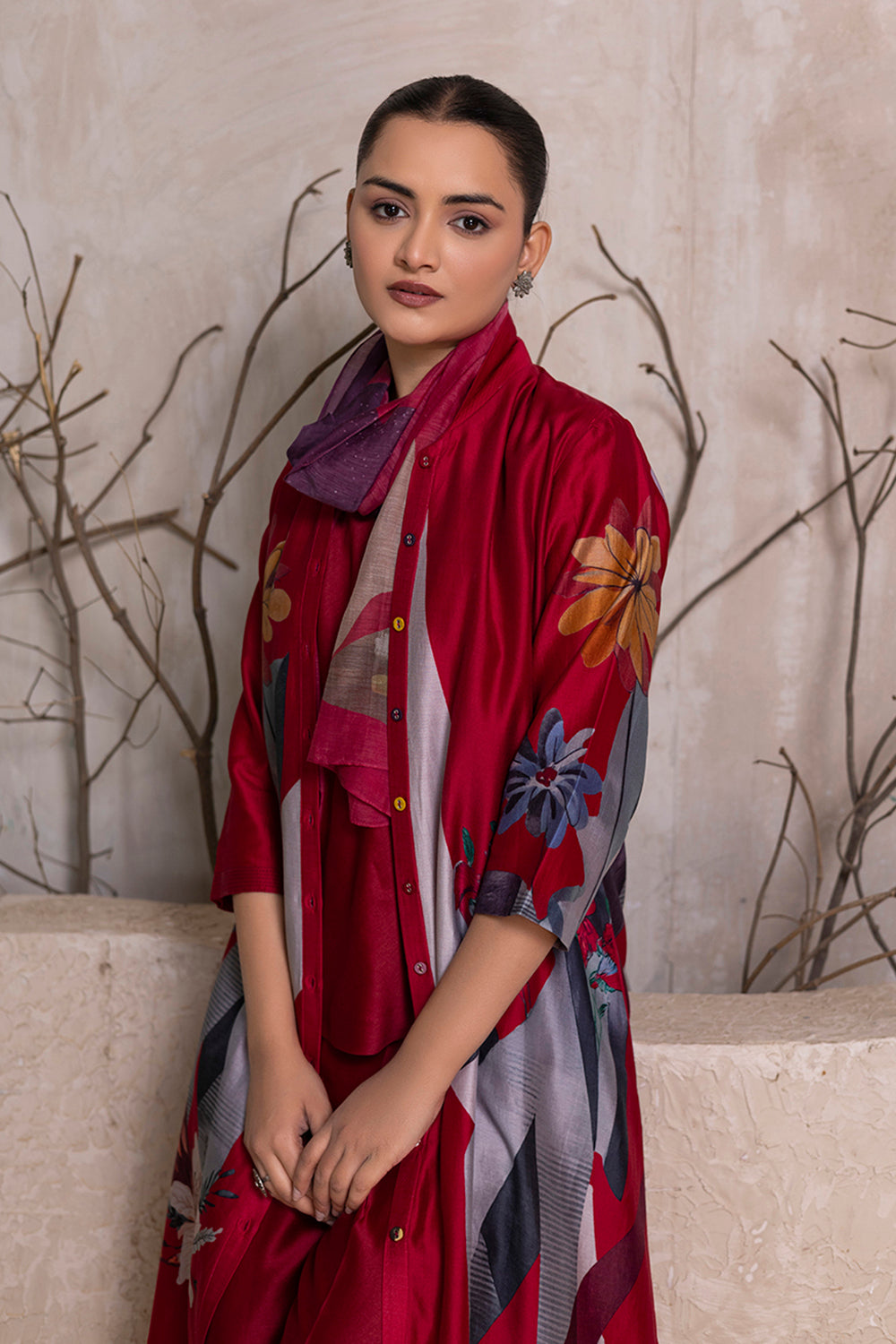 Red Silk Chanderi Printed Front Open Dress