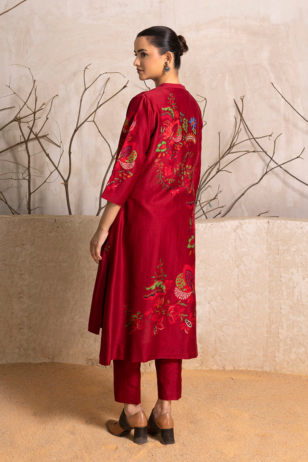 Red Silk Chanderi Printed Front Open Floral Dress