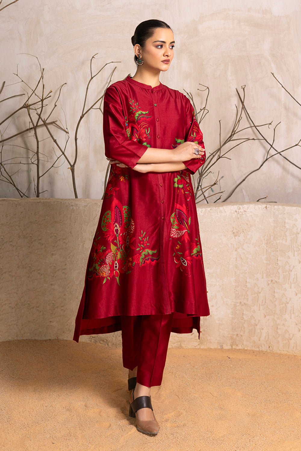 Red Silk Chanderi Printed Front Open Floral Dress