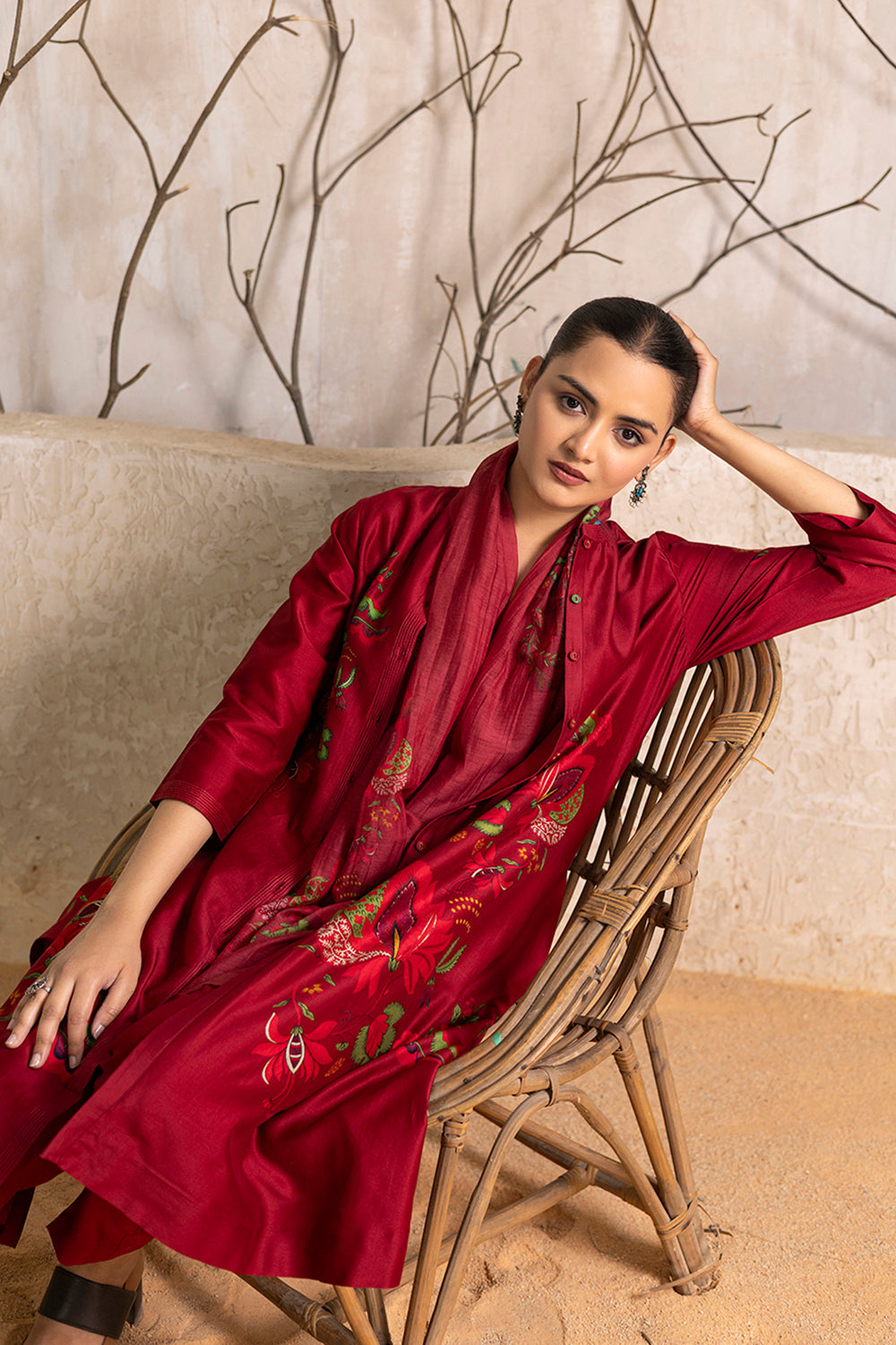 Red Silk Chanderi Printed Front Open Floral Dress