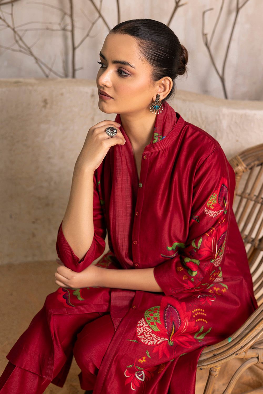 Red Silk Chanderi Printed Front Open Floral Dress
