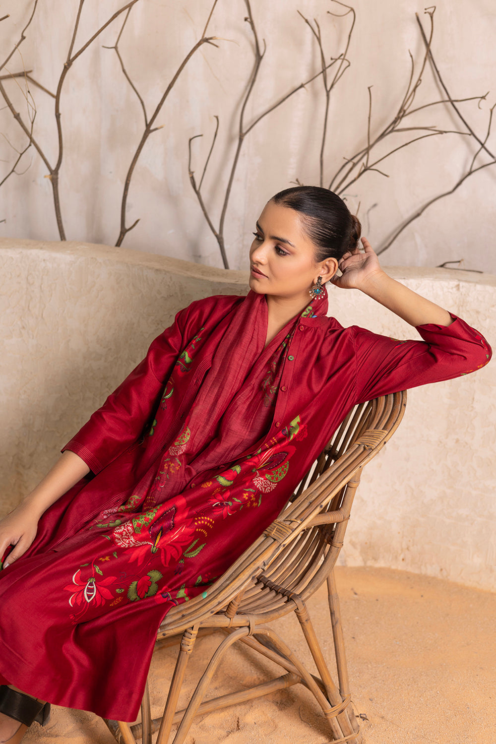 Red Silk Chanderi Printed Front Open Floral Dress