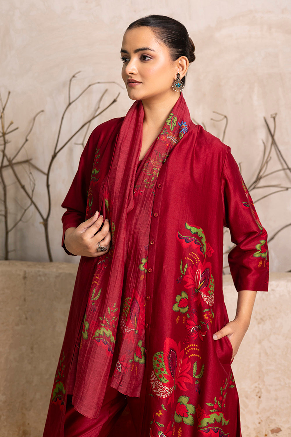 Red Silk Chanderi Printed Stole