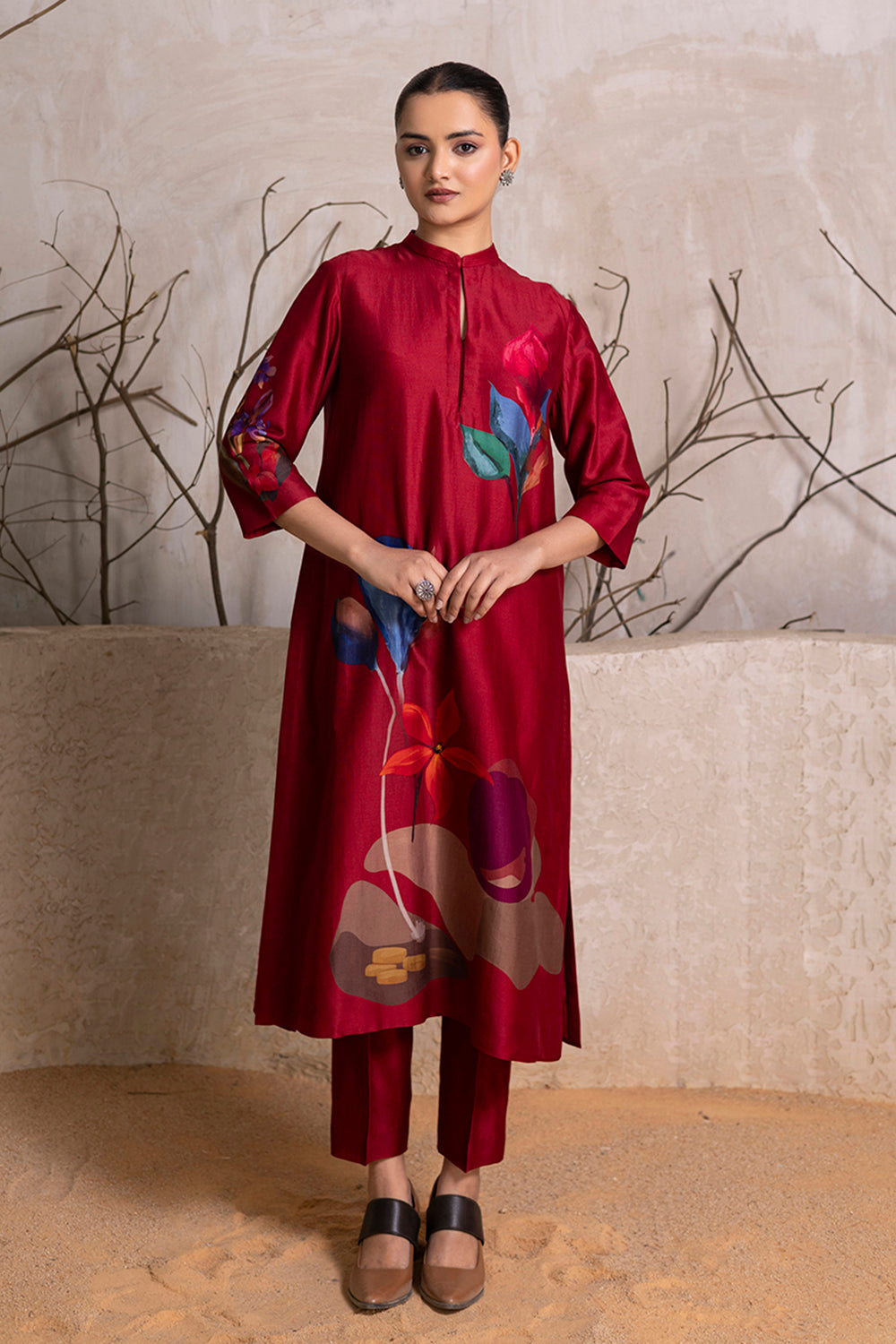Red Silk Chanderi Printed Tunic