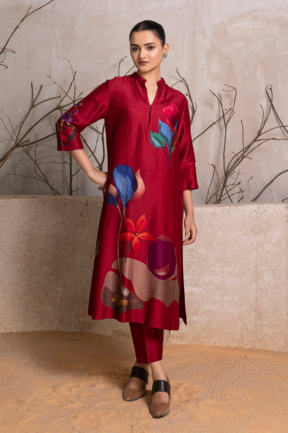 Red Silk Chanderi Printed Tunic