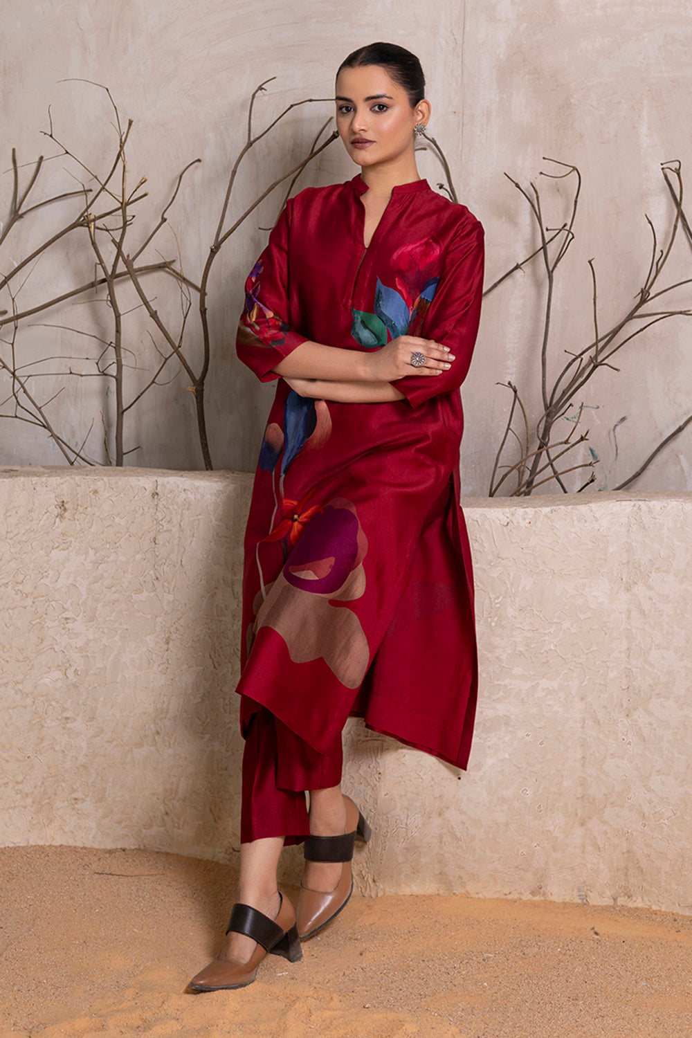 Red Silk Chanderi Printed Tunic