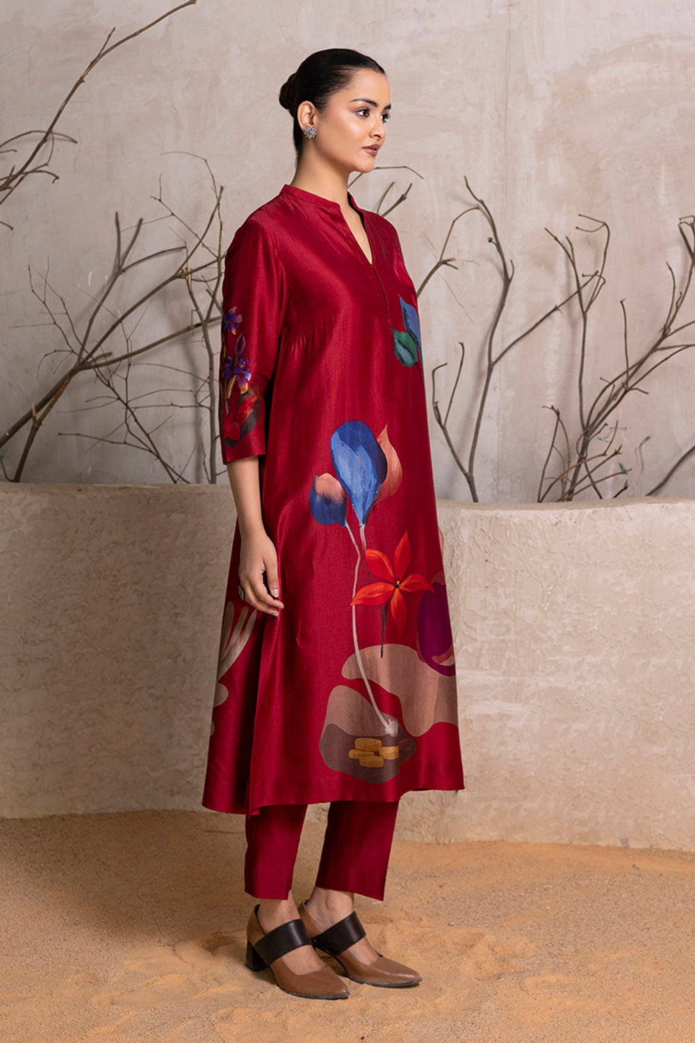 Red Silk Chanderi Printed Tunic