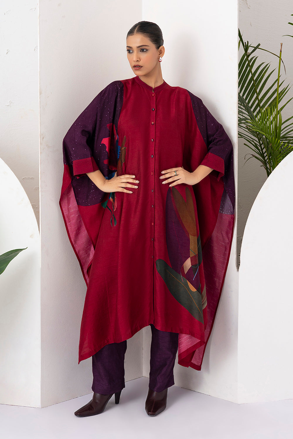Red Viscose Dupion Printed Kaftaan Style Dress