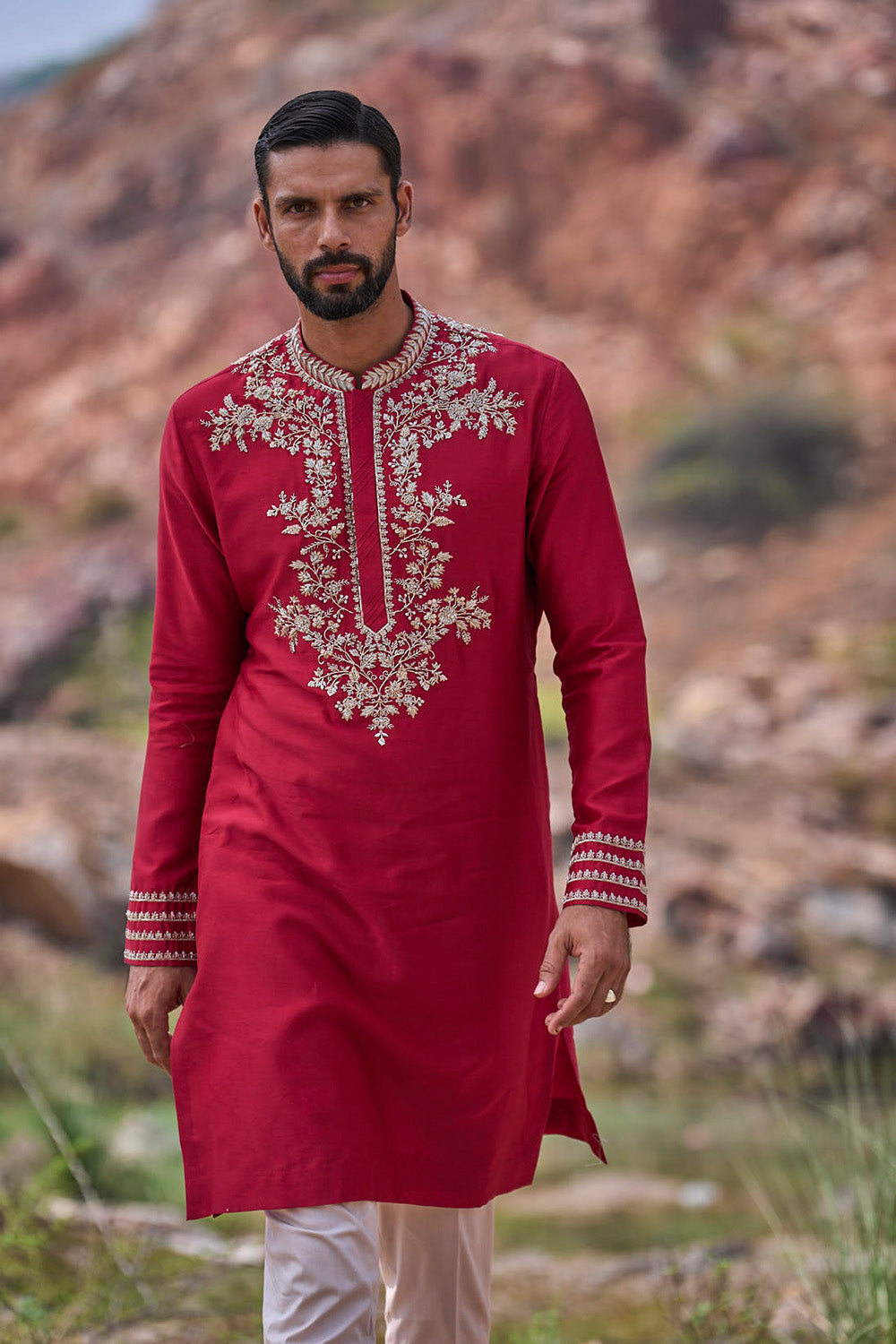 Red Zardozi Hibiscus Kurta Set