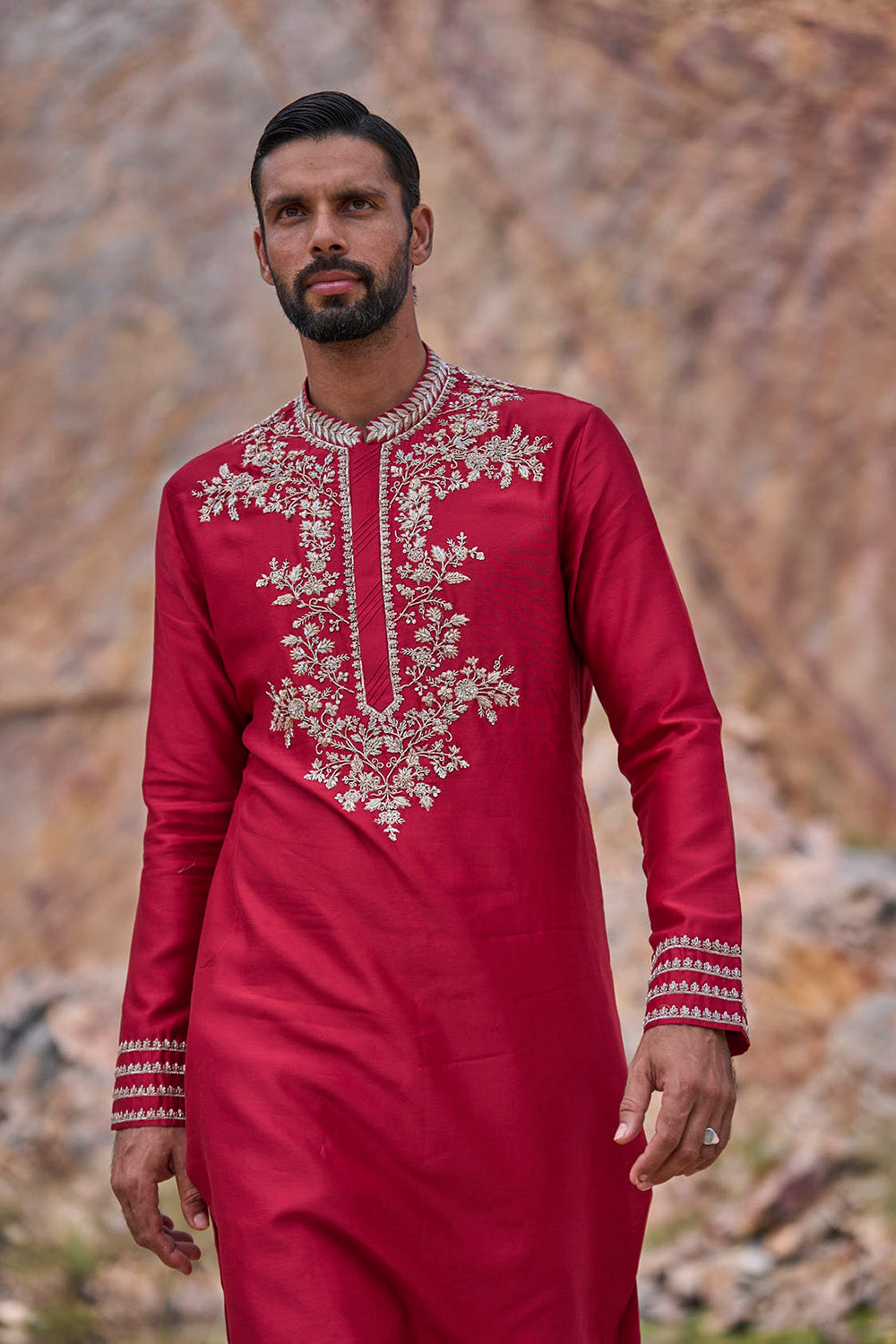 Red Zardozi Hibiscus Kurta Set