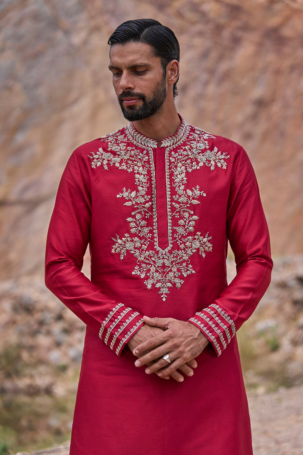 Red Zardozi Hibiscus Kurta Set