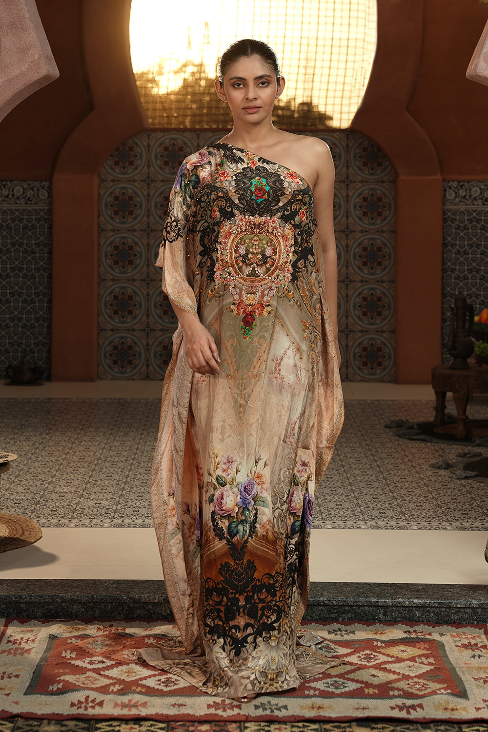 Regal Beige Ornate Kaftan Gown