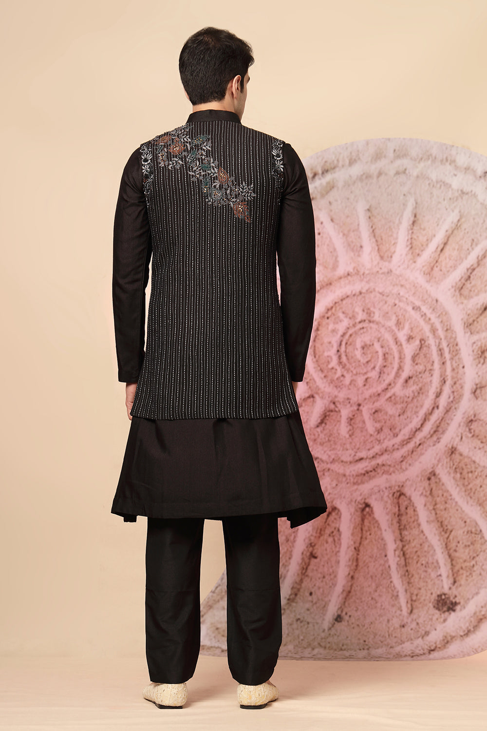 Regal Black Sherwani With Designer Embroidery & Draped Dupatta