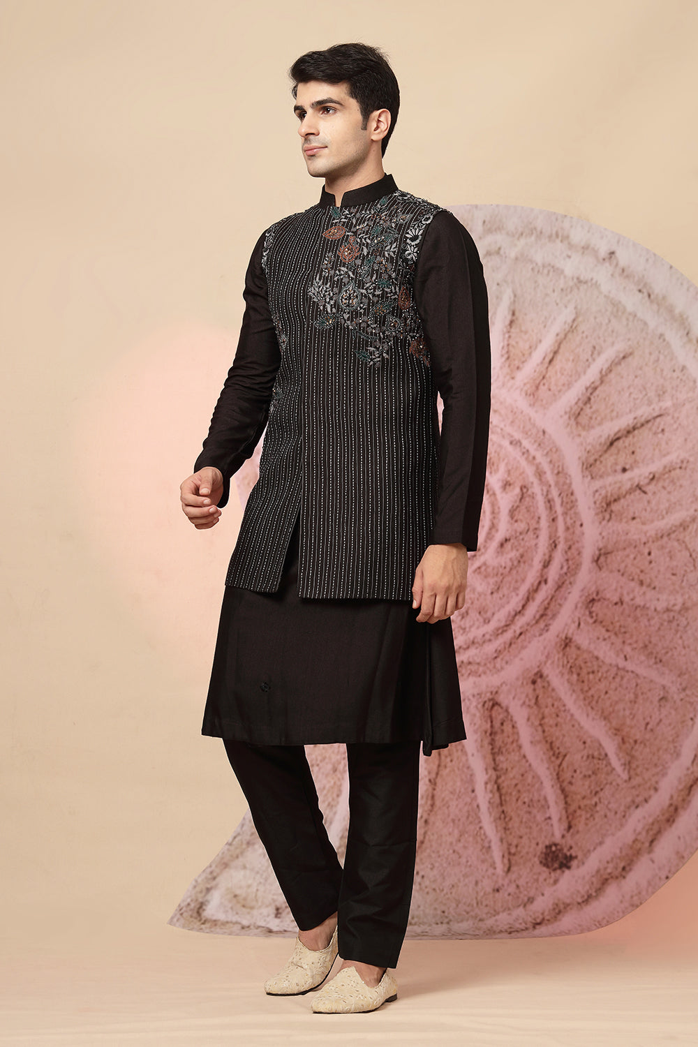 Regal Black Sherwani With Designer Embroidery & Draped Dupatta