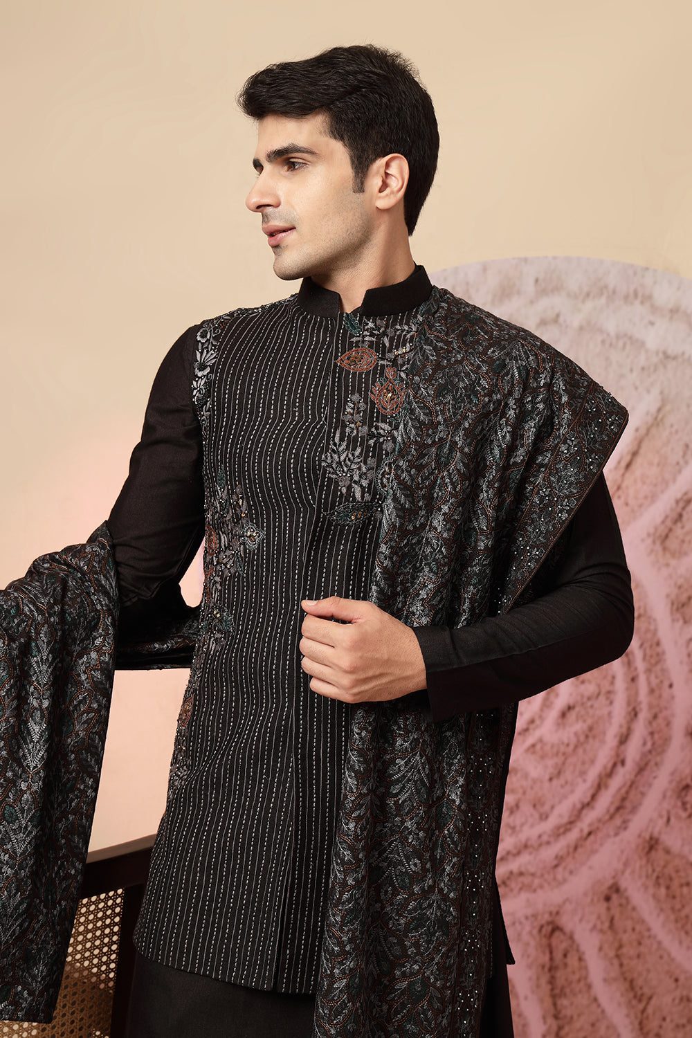 Regal Black Sherwani With Designer Embroidery & Draped Dupatta