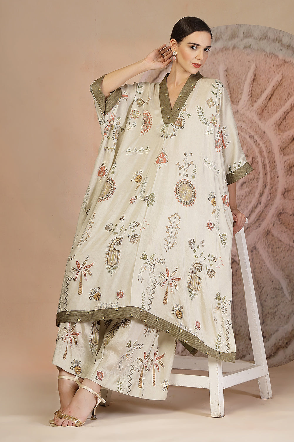 Relaxed Fit Grey Cotton Kaftan Set with Pleated Pants & Metallic Detailing