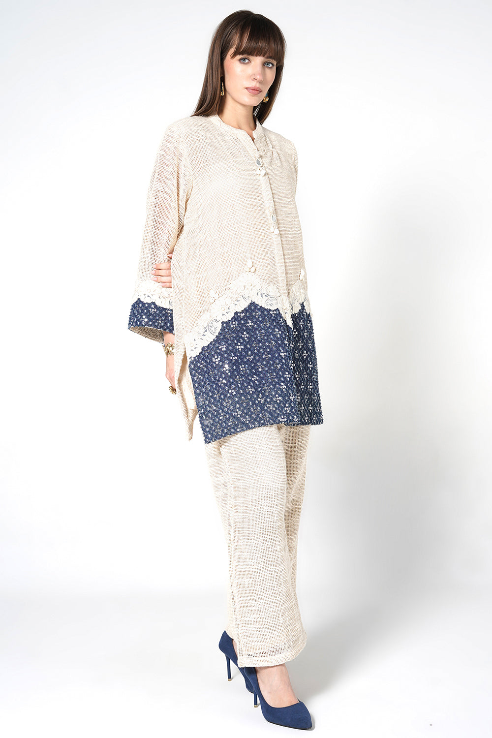 Resha Jute Fabric Lace Detail Designer Co-Ord Set Shirt Palazzo