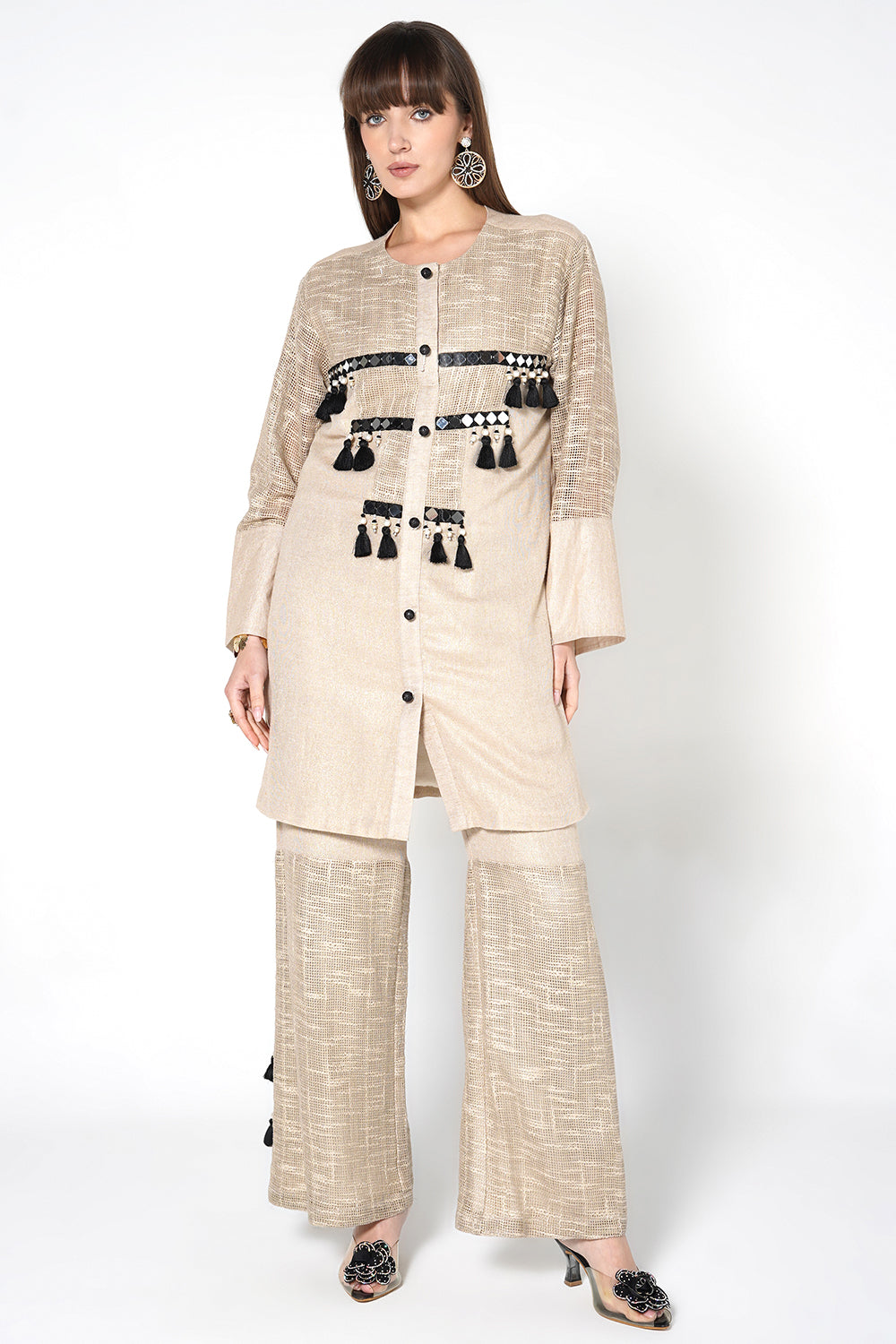 Resha Jute Fabric Statement Designer Co-Ord Set Tassel Detail Outfit