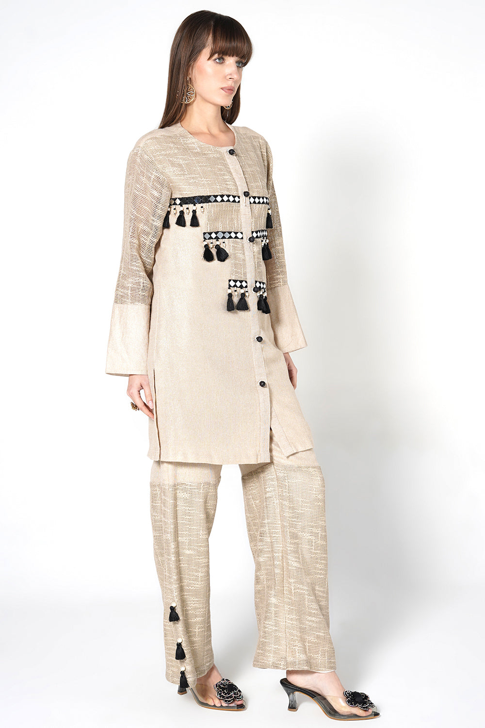 Resha Jute Fabric Statement Designer Co-Ord Set Tassel Detail Outfit