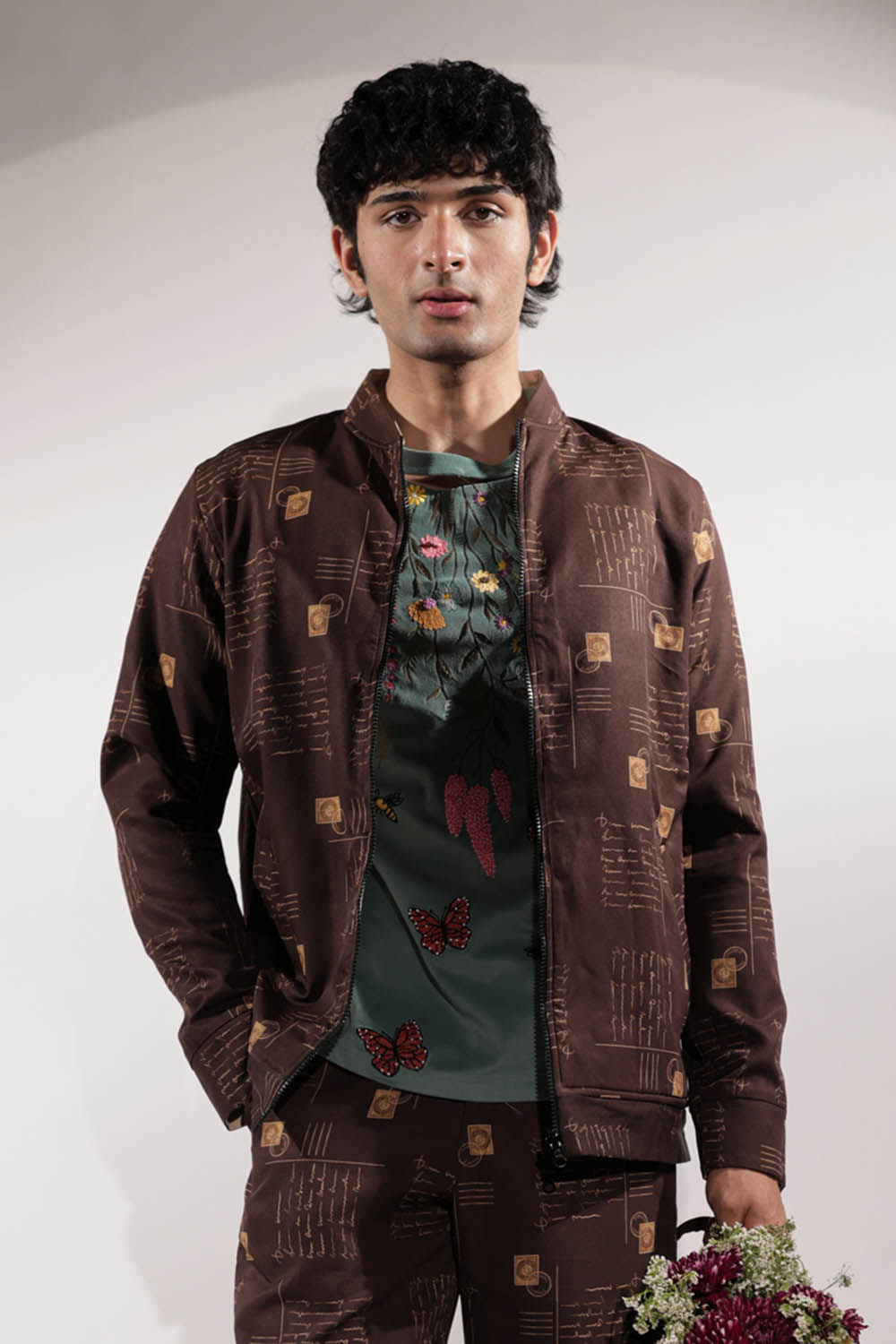 Reversible crepe jacket with dual postcard prints