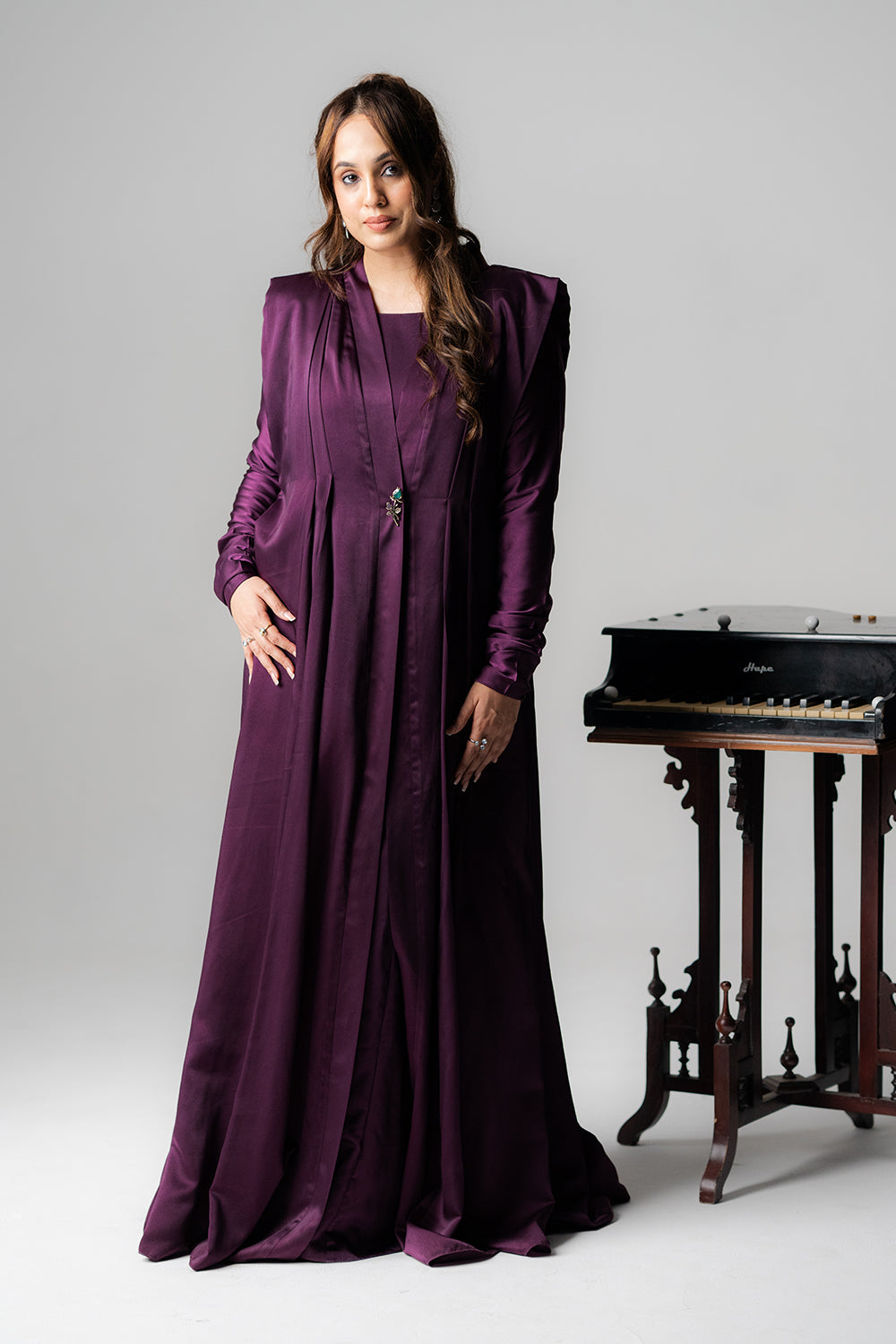 Rich Purple Satin Silk Cape Gown Set