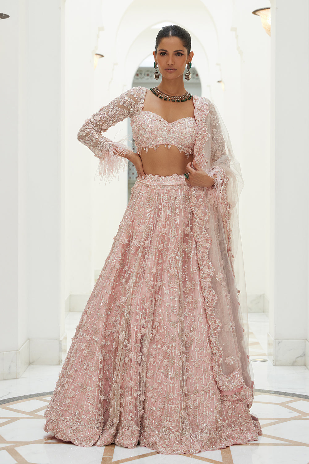 Rose Pink Net Lehenga Choli Dupatta Set