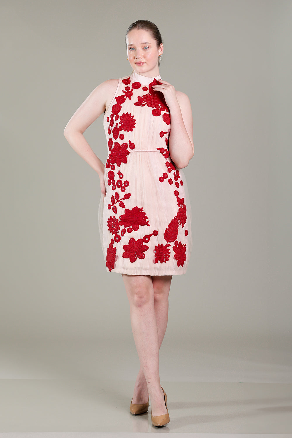 Rose pink ruched dress with red thread work patchwork