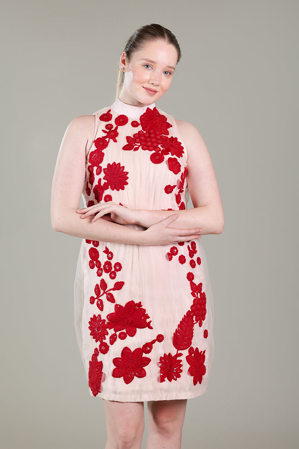 Rose pink ruched dress with red thread work patchwork