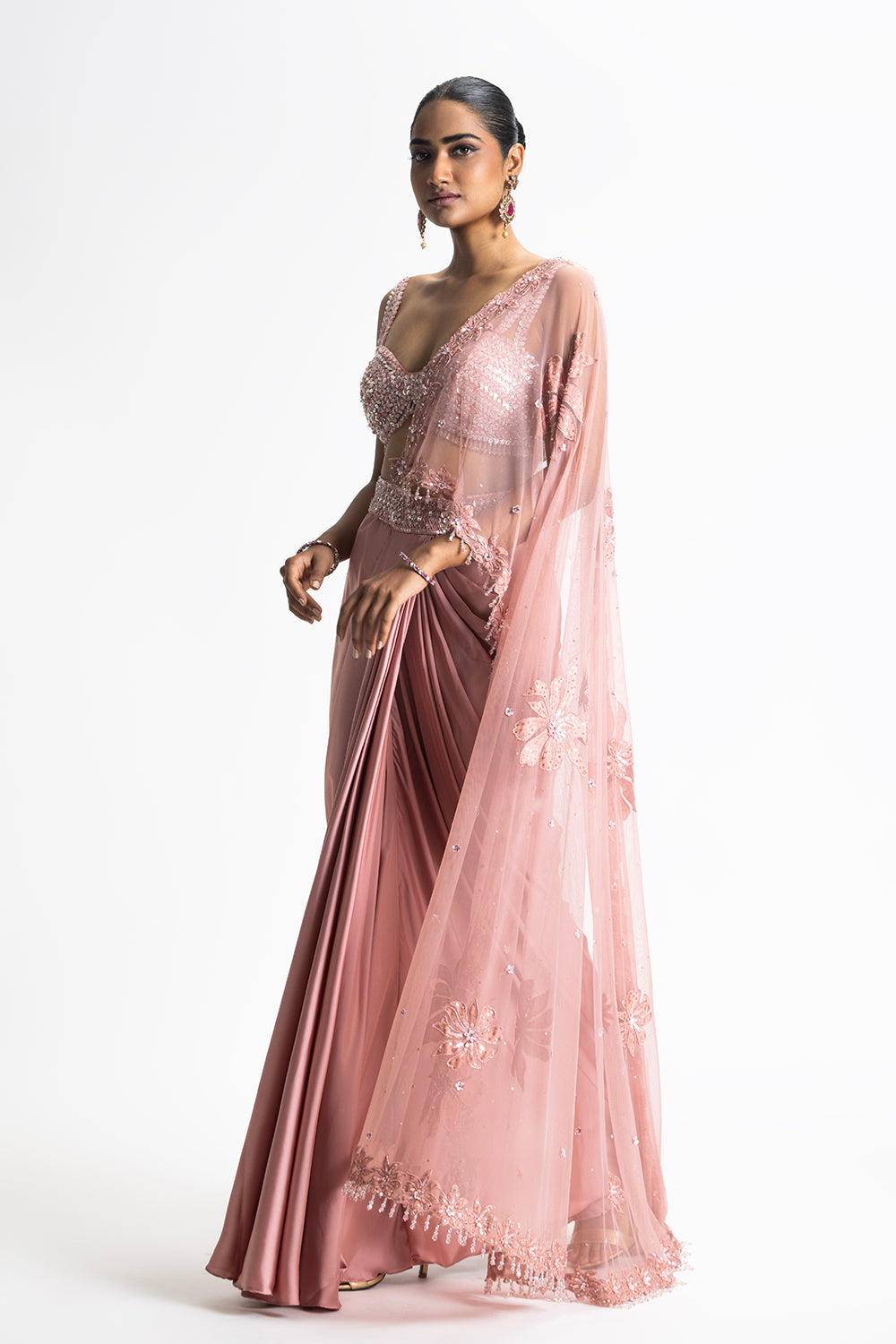 Rose Pink Satin Pre-Draped Saree