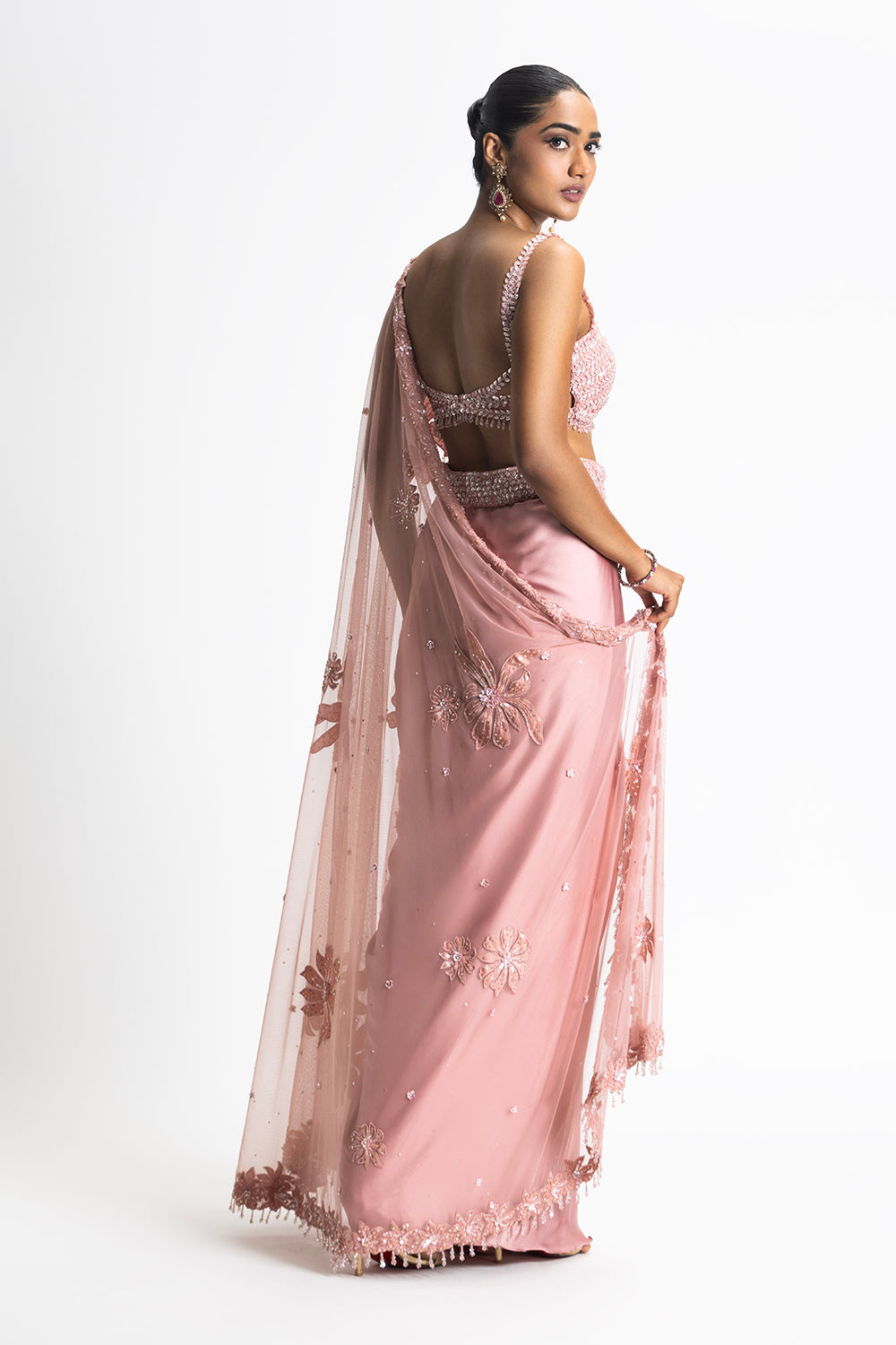 Rose Pink Satin Pre-Draped Saree