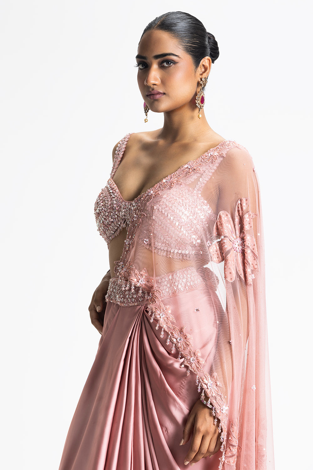 Rose Pink Satin Pre-Draped Saree