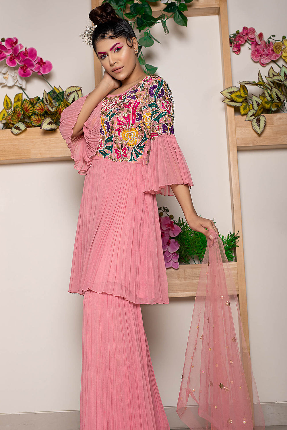 Rouched Garara Pants with Rouched Flare Top and Net Dupatta