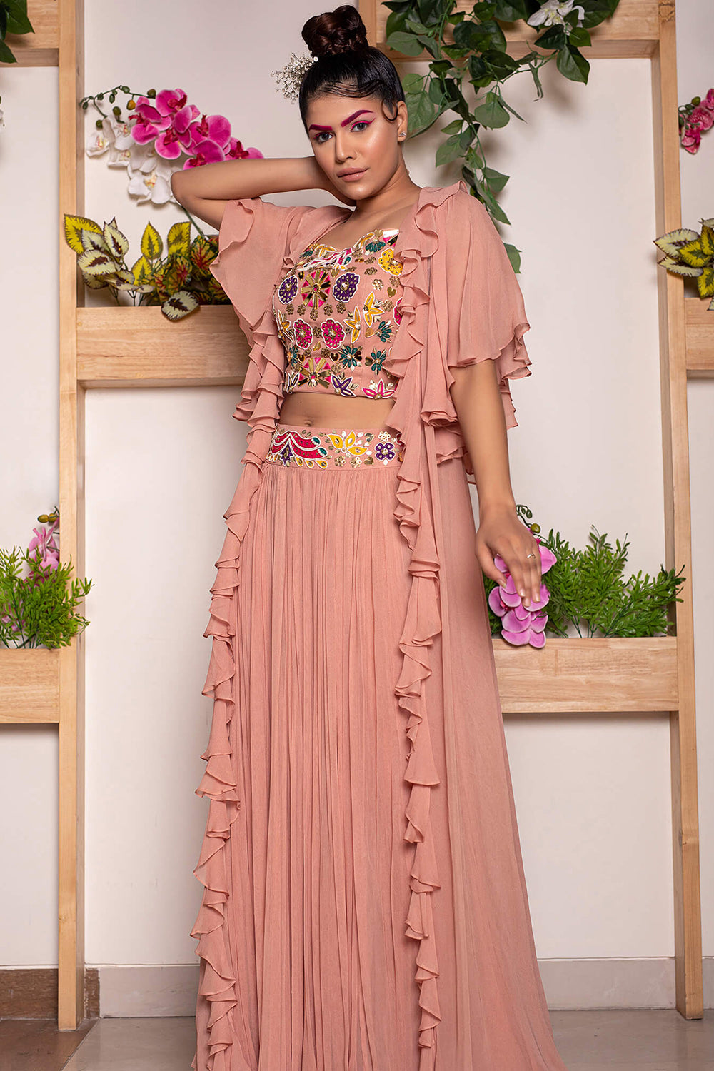 Rouched Skirt with Embroidered Belt and Blouse Paired with Ruffled Cape