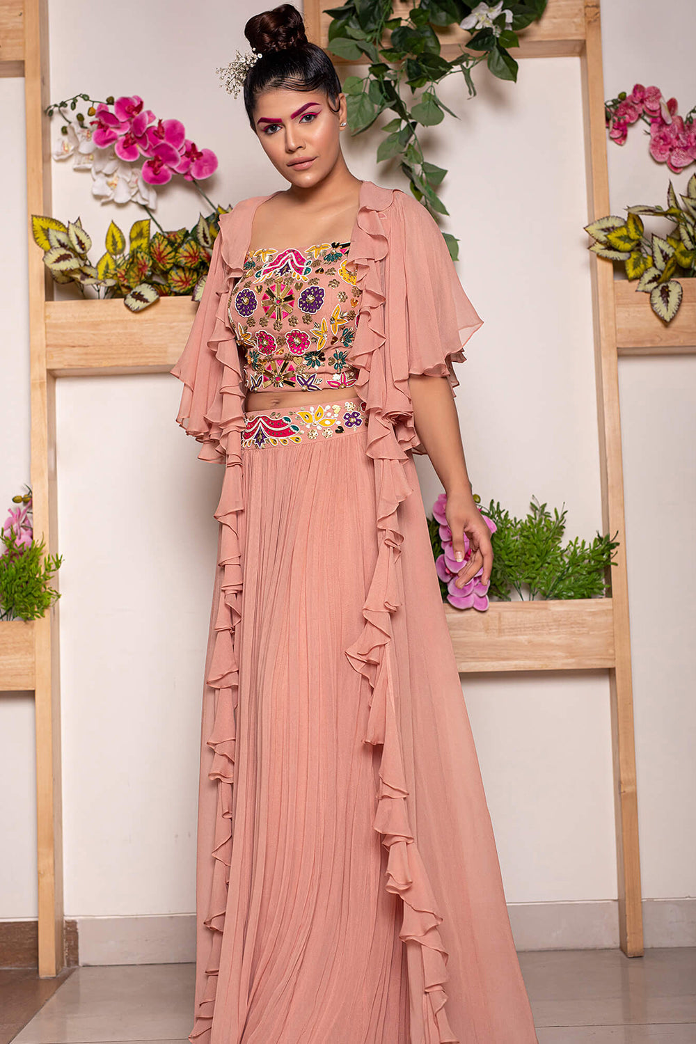 Rouched Skirt with Embroidered Belt and Blouse Paired with Ruffled Cape