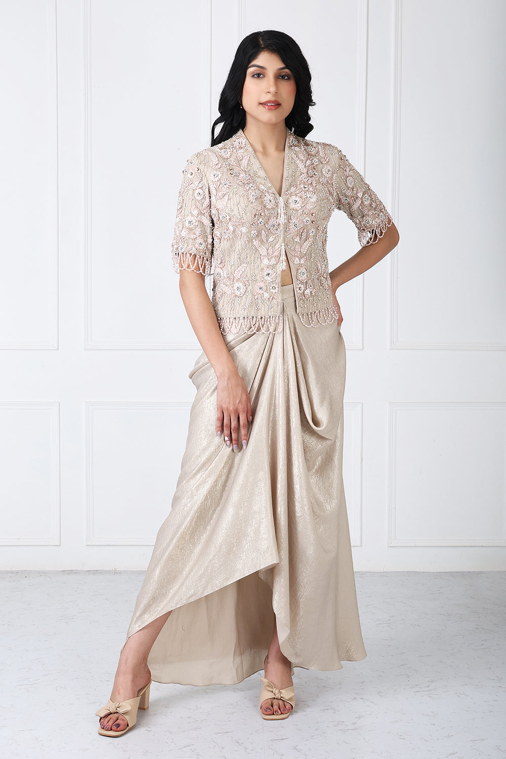 Royal Beige Embroidered Jacket With Drape Skirt