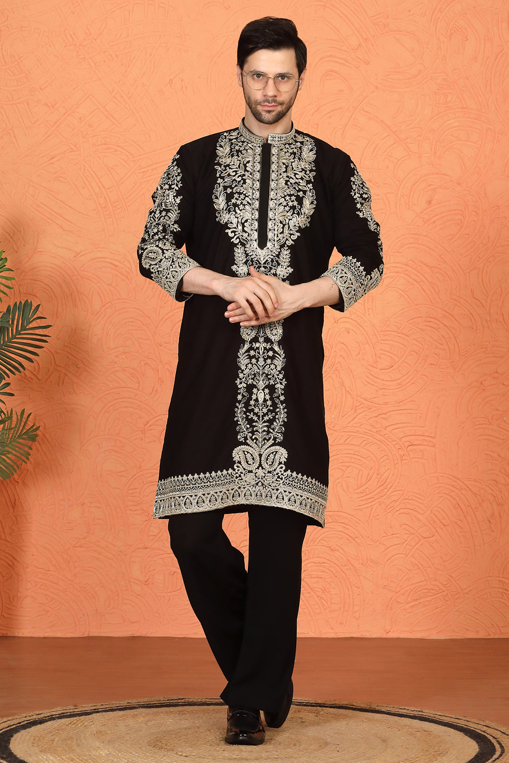 Royal Black Kashmiri Embroidered Kurta with Loose Fit Parallel Matching  Pants