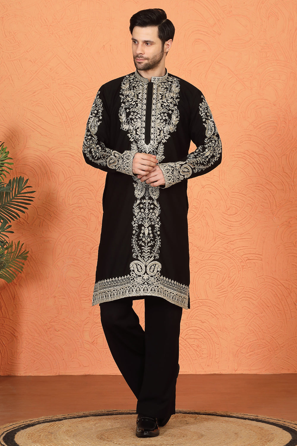 Royal Black Kashmiri Embroidered Kurta with Loose Fit Parallel Matching  Pants
