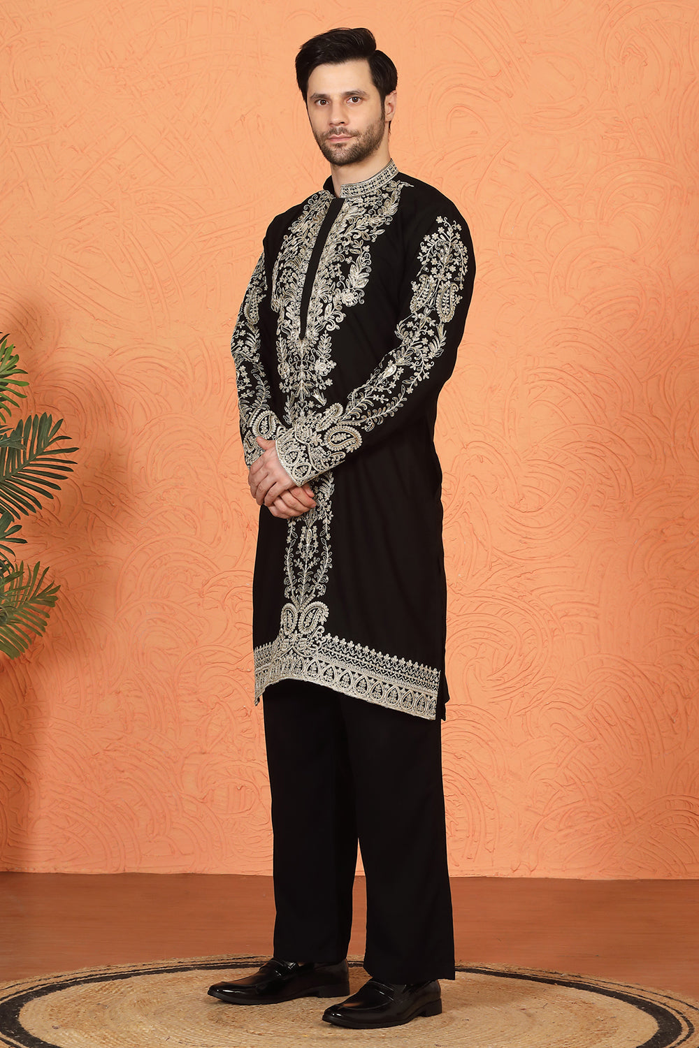 Royal Black Kashmiri Embroidered Kurta with Loose Fit Parallel Matching  Pants