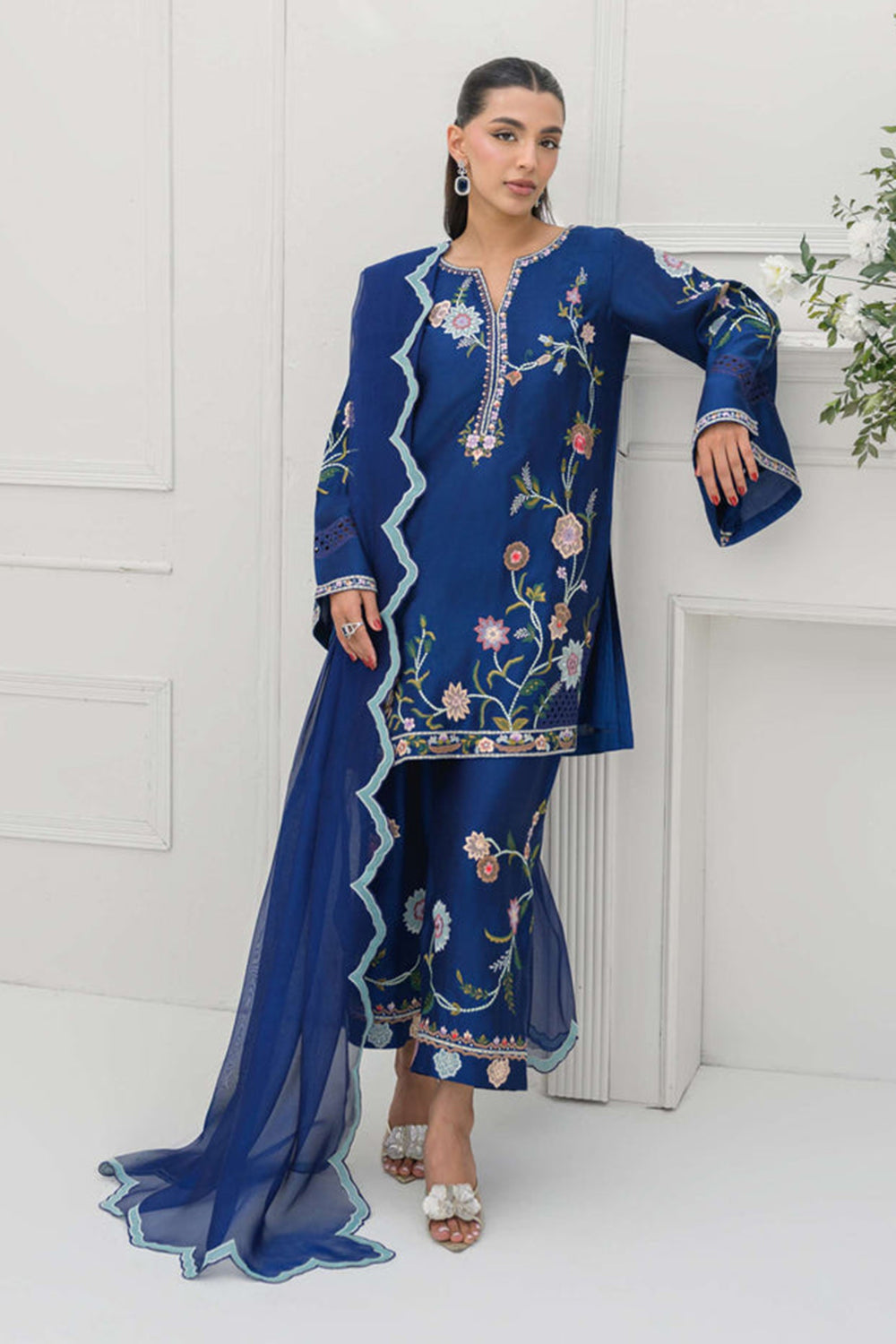 Royal Blue Silk Embroidered Kurta Palazzo Suit Sets