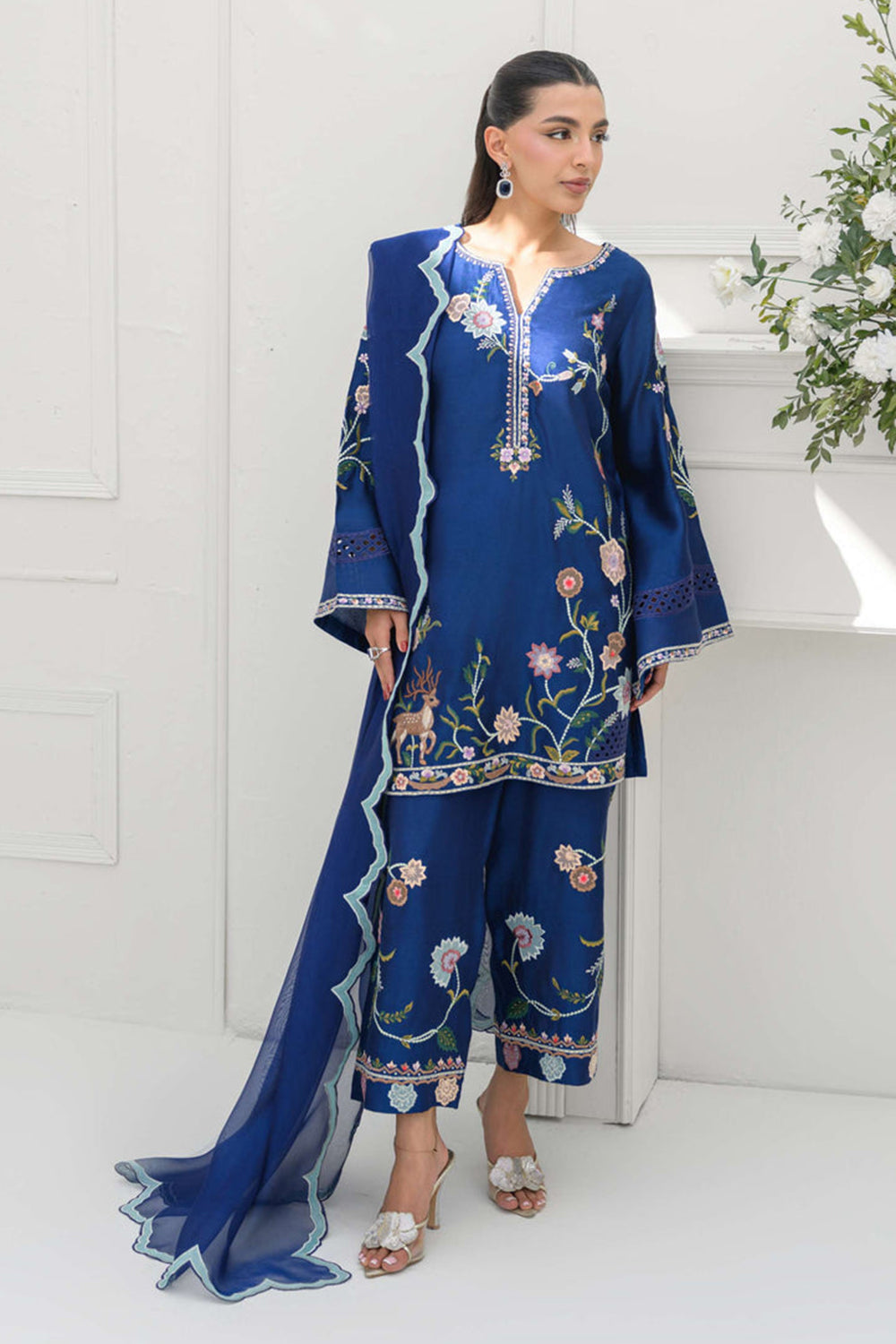 Royal Blue Silk Embroidered Kurta Palazzo Suit Sets