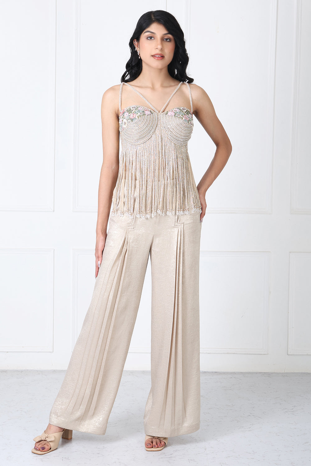 Royal Golden Pants With Floral Bodysuit