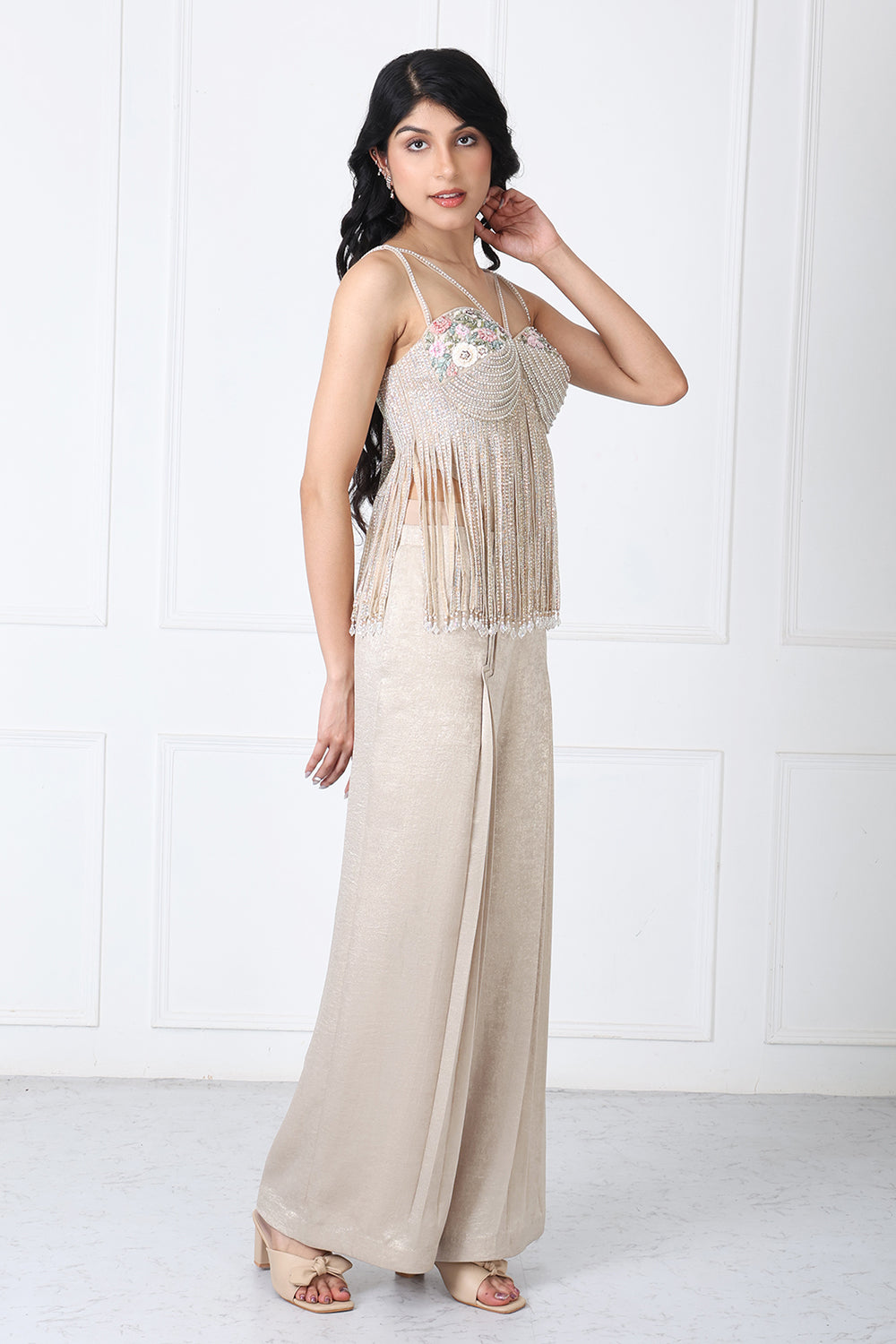Royal Golden Pants With Floral Bodysuit