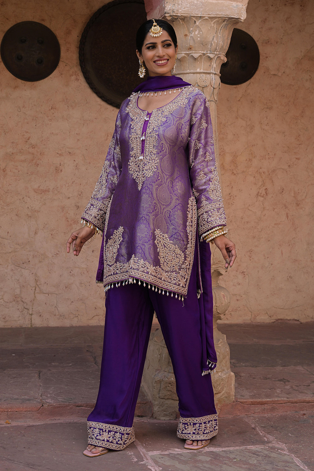 Royal Purple Brocade Kurti Pant Set Designer Party Outfit
