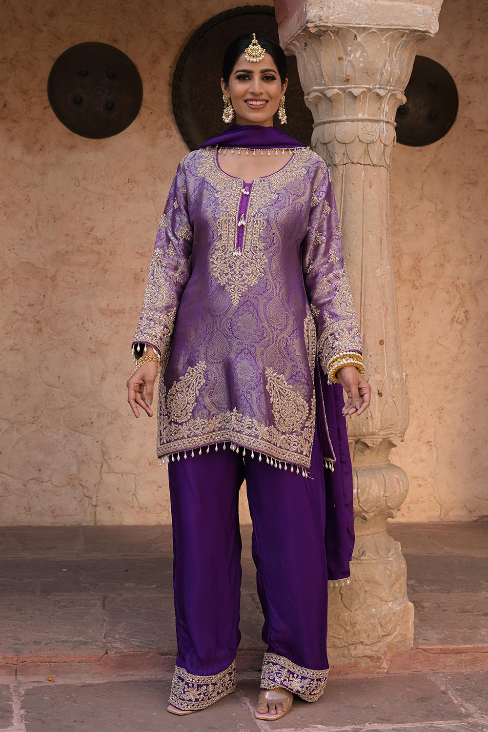 Royal Purple Brocade Kurti Pant Set Designer Party Outfit